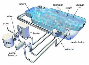 A diagram of an indoor swimming pool with the names labeled.